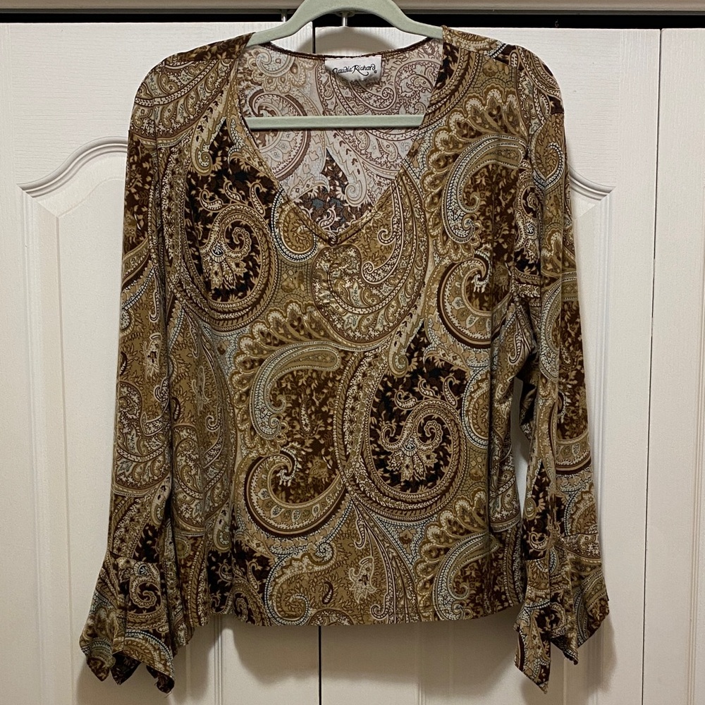 Claudia Richard Brown Paisley V-Neck Blouse